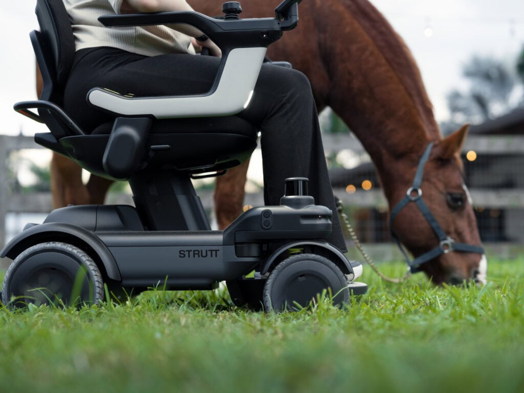 closeup up of power wheelchair user in a field next to a horse eating grass.