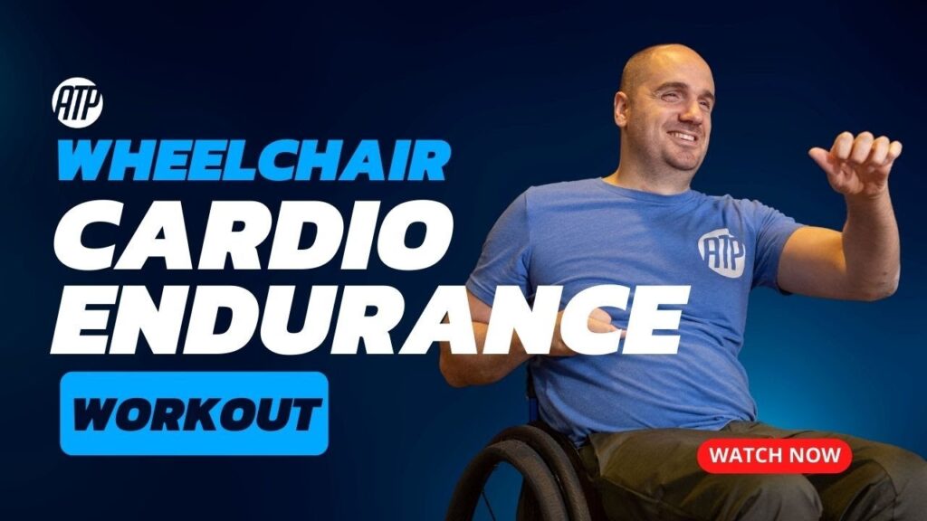 YouTube thumnail with a wheelchair user punching the air. On image text reads, "Wheelchair cardio endurance workout."