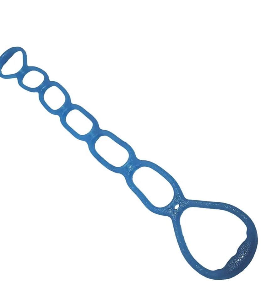 product shot of blue resistance band with seven connected loops.