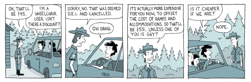 four panel comic featuring park ranger and a family in a car.