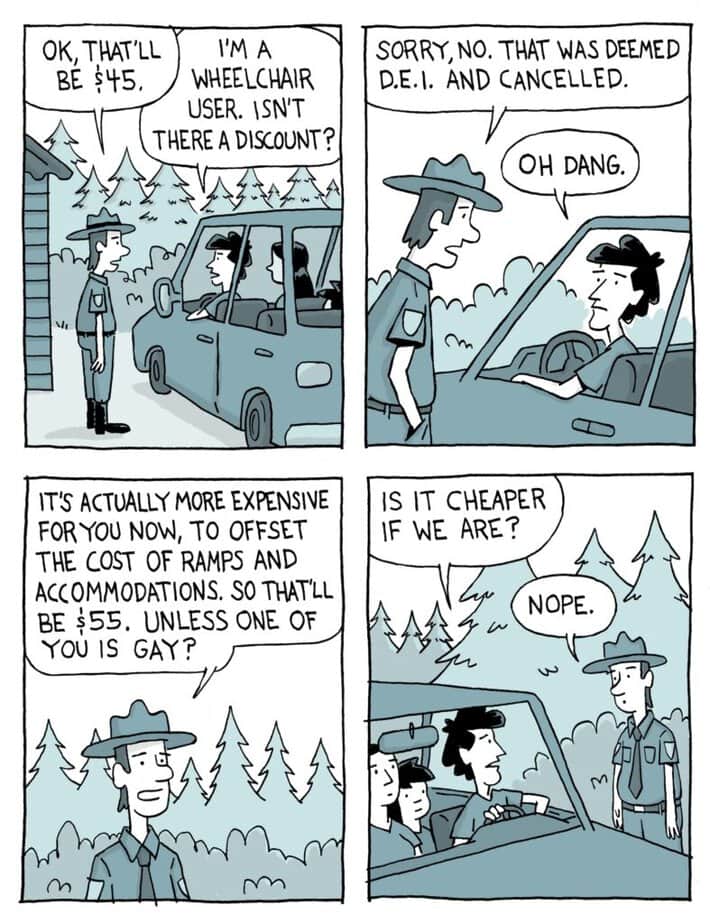 four panel comic featuring park ranger and a family in a car. 
