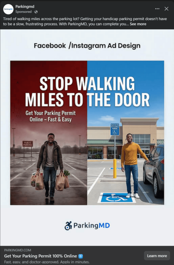 Parking MD instagram ad "Stop Walking Miles to the Door"