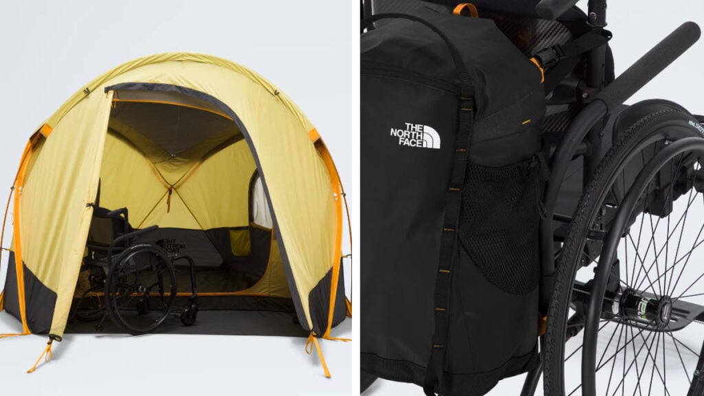 side by side photo of a tent with a wheelchair next to it and a backpack hanging from a wheelchair