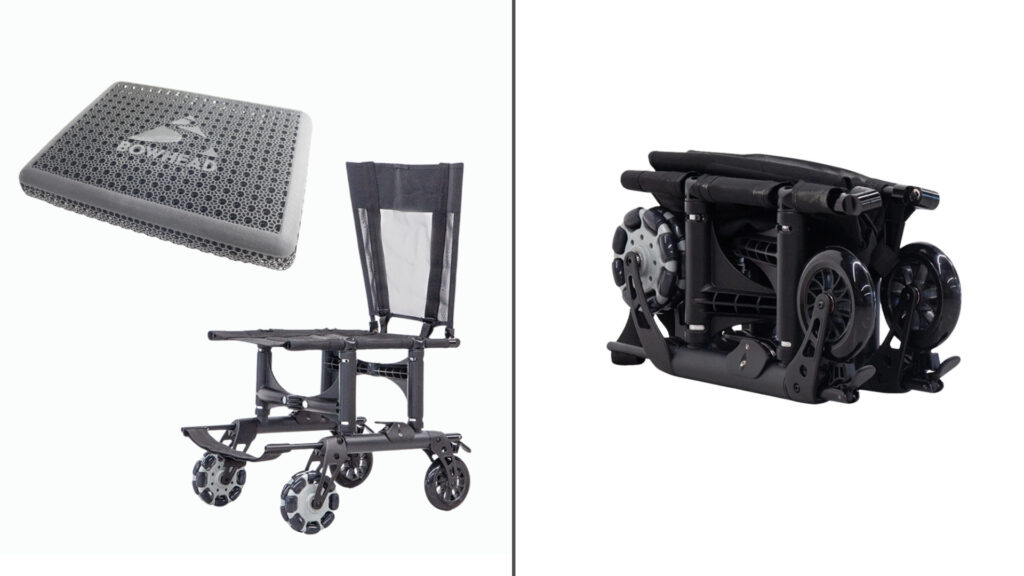 side by side images showing a Bowhead nano travel chair and cushion, and it folded up.