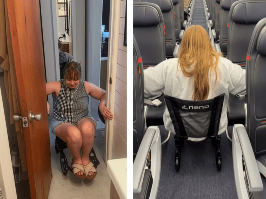 side by side image of woman using chair to pass through narrow bath door; woman using nano chair to navigate down airplane aisle